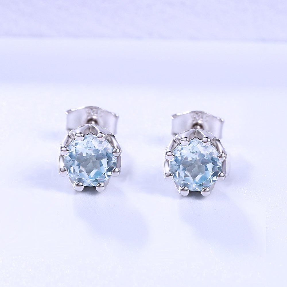 DOUBLE-R London Blue Topaz Stud Earrings with March Birthstone Gemstone in Hypoallergenic Sterling Silver Earring for Girls