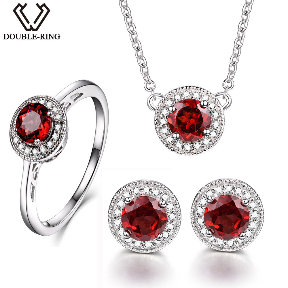 DOUBLE-R Natrual Garnet 2.8ct Jewelry Classic Women Wedding Ring Female Red Stone Round 925 Silver Pendant Necklace Earrings set