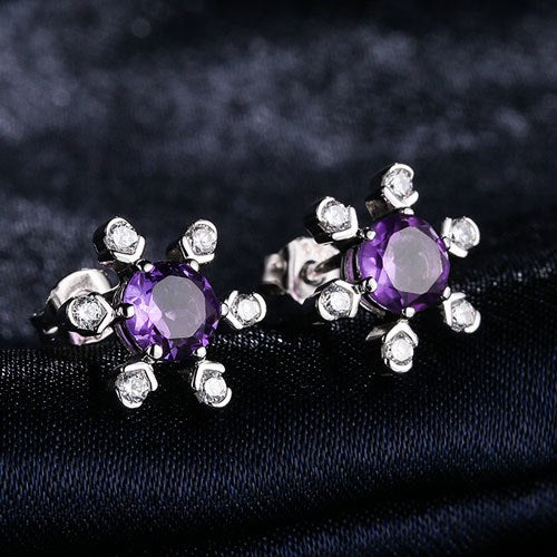 DOUBLE-R Natural Amethyst Gemstone 925 Silver Sterling Lovely Flower Stud Earrings For Grils CASE00711C