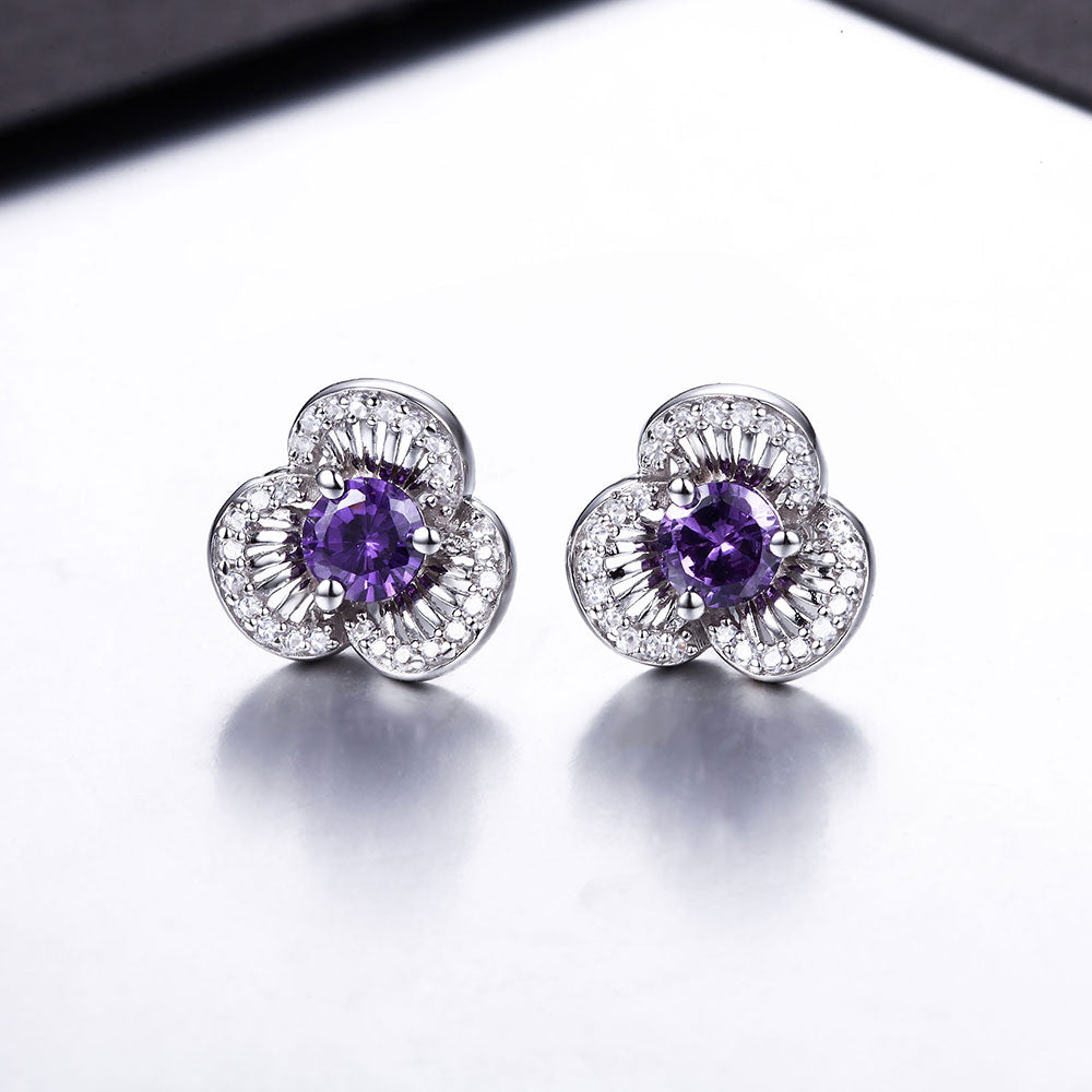 DOUBLE-R Natural Amethyst Gemstone Lovely Flower 925 Sterling Silver Stud Earrings For Women / Girl Vintage Jewelry
