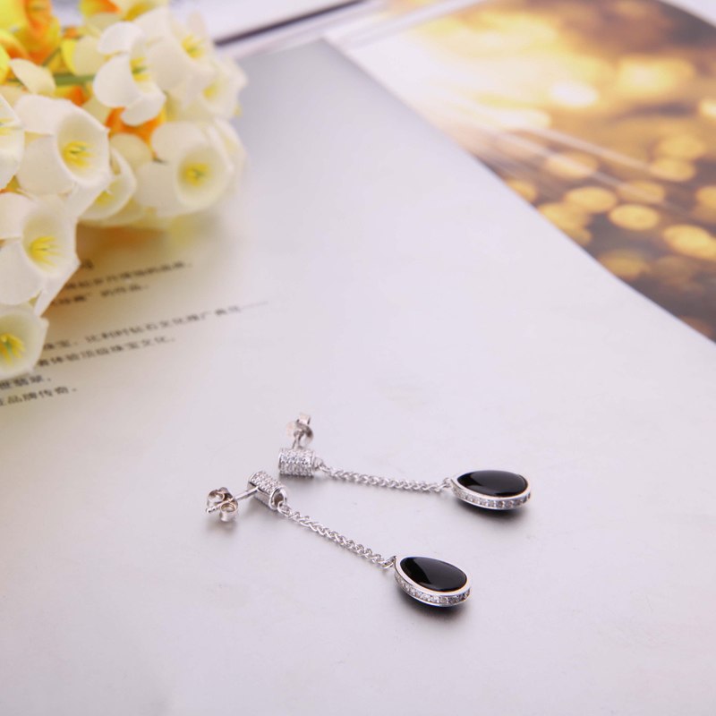 DOUBLE-R Natural Blace Agate Gemstone 925 Sterling Silver Earrings For Women Brinco Feminino