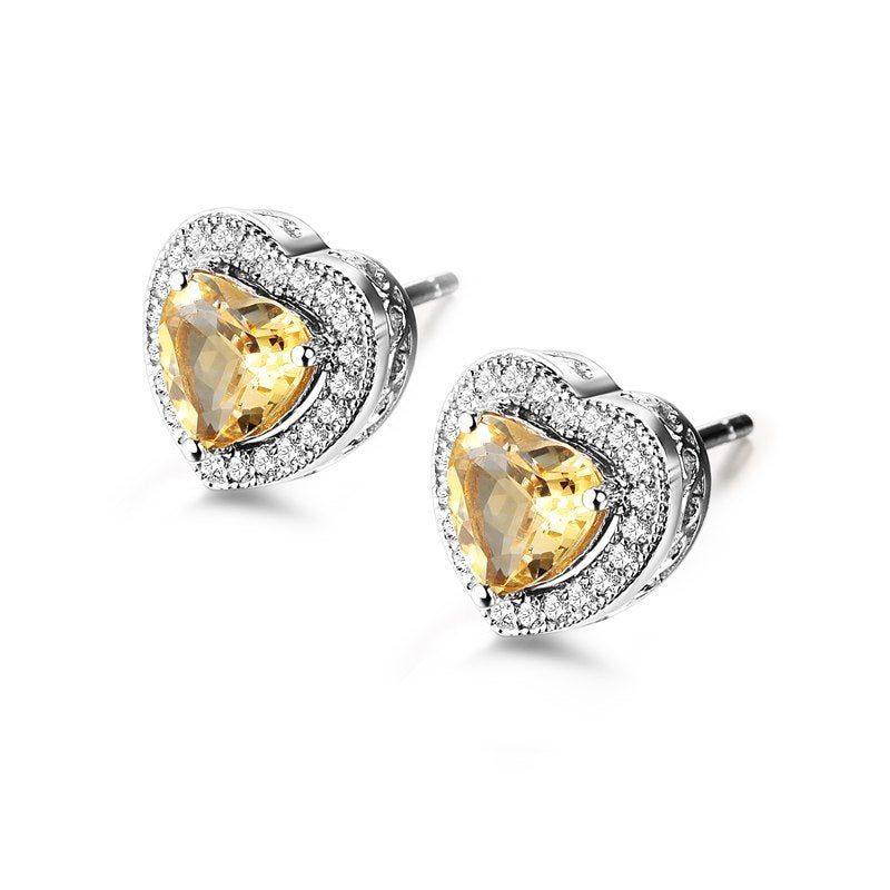 DOUBLE-R Natural Citrine Gemstone Heart Earrings Silver 925 Jewelry Stud Earrings For Women/Girl CASE00766B