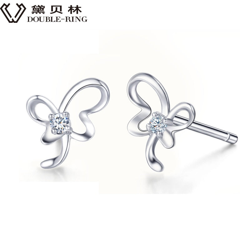 DOUBLE-R Real Diamond Earrings 0.04ct Women Butterfly 925 Sterling Silver Stud Earrings Valentine'S D Gift Diamond Jewelry