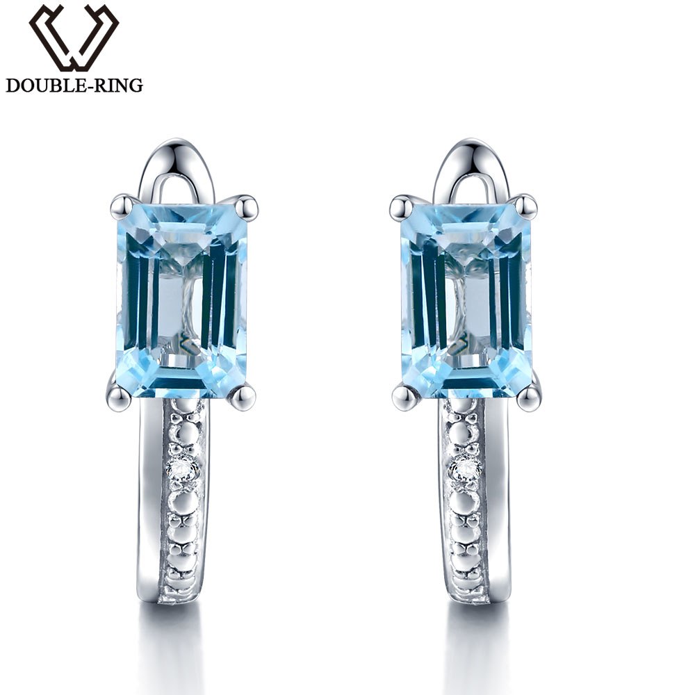 DOUBLE-R Real Diamond Wedding Earrings Women 1.5ct Square Natural Stone Earrings Blue Topaz 925 Silver Jewelry Female Gift