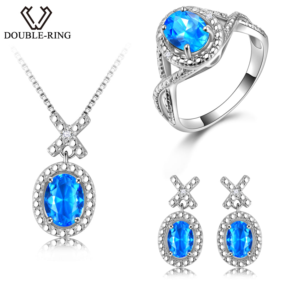 DOUBLE-R Silver 925 Earrings Ring Created Oval Bule Topaz Gemstone Pendant Necklace Zircon Women Wedding Jewelry Sets