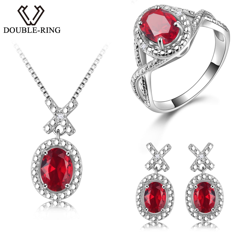 DOUBLE-R Silver 925 Earrings Ring Created Oval Ruby Gemstone Pendant Necklace Zircon Women Wedding Jewelry Sets