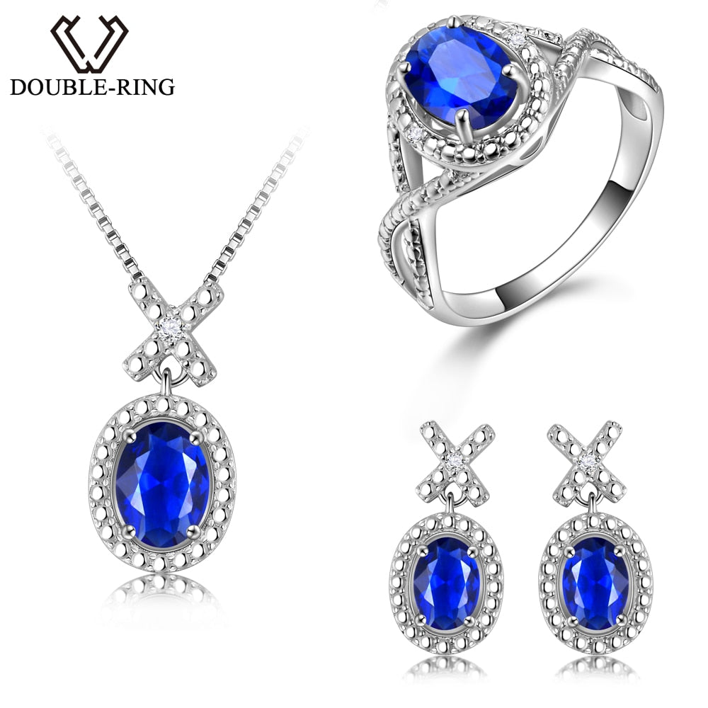 DOUBLE-R Silver 925 Earrings Ring Created Oval Sapphire Gemstone Pendant Necklace Zircon Women Wedding Jewelry Sets