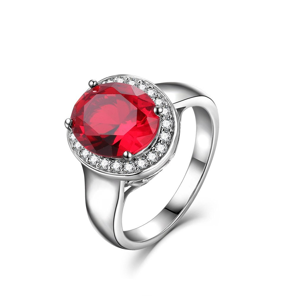 DOUBLE-R Sterling Silver Rings for Women 2.65ct Oval Created Ruby Gemstone Zircon 925 Engagement Ring