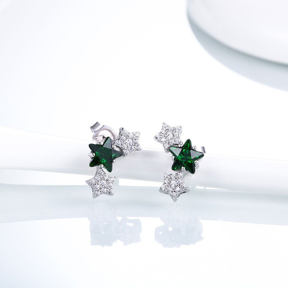 DOUBLE-R Tripe Star Earrings For Girls Real 925 Sterling Silver Stud Earring With Created Sapphire Gemstone Jewelry