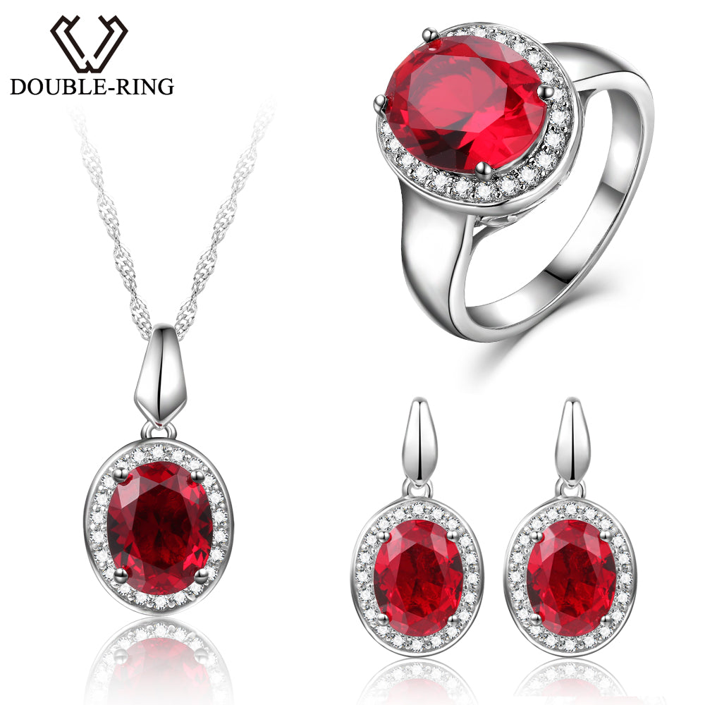 DOUBLE-R Wedding Jewelry Sets Created Oval Ruby Gemstone Zircon Ring Pendant Necklace 925 Sterling Silver Earrings for women