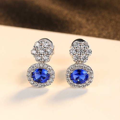DR Blue Topaz Round Stud Earring with Small Flower 925 Silver& Mini Bling Bling CZ Crystal Earrings for Women Fashion Daily