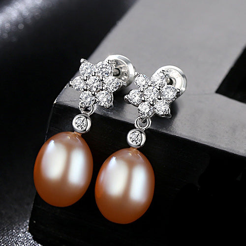 DR Brand 8-9mm Drop Pearl Stud Earrings for Girls S925 Sterling Silver Flower White Zircon for Women Jewelry Factory Wholesale