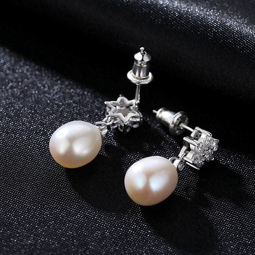 DR Brand 8-9mm Drop Pearl Stud Earrings for Girls S925 Sterling Silver Flower White Zircon for Women Jewelry Factory Wholesale
