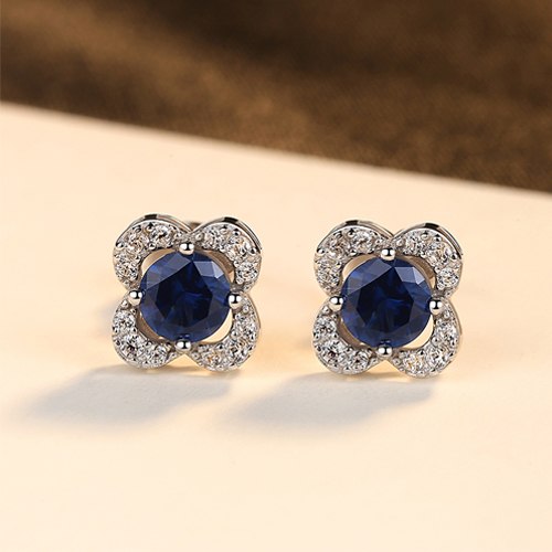 DR Fine Gemstone Blue Stud Earrings Plated 925 Sterling Silver and Shiny Mini Zircon Crystal for Women Angle Girl Work-place