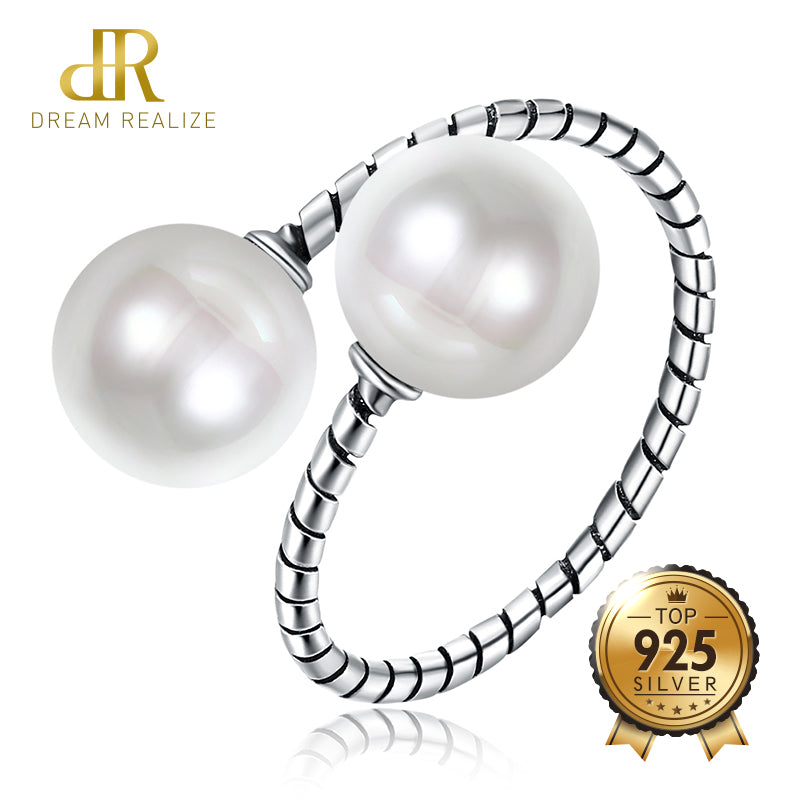 DR Genuine 8MM Pearl S925 Rings for Women 925 Sterling Silver Adjustable Retro Women's Ring Female Wedding Jewelry
