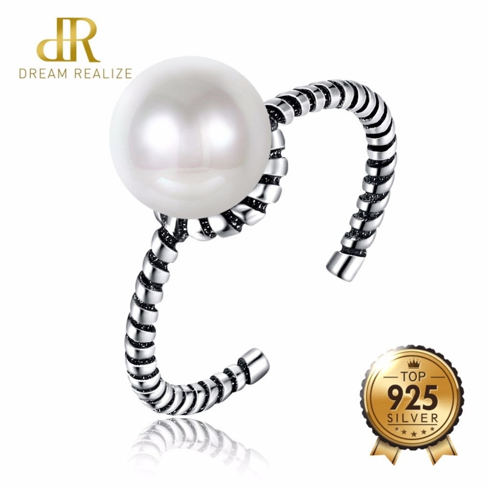DR Genuine 9MM Pearl S925 Rings for Women 925 Sterling Silver Adjustable Retro Women's Ring Female Women's Jewelry