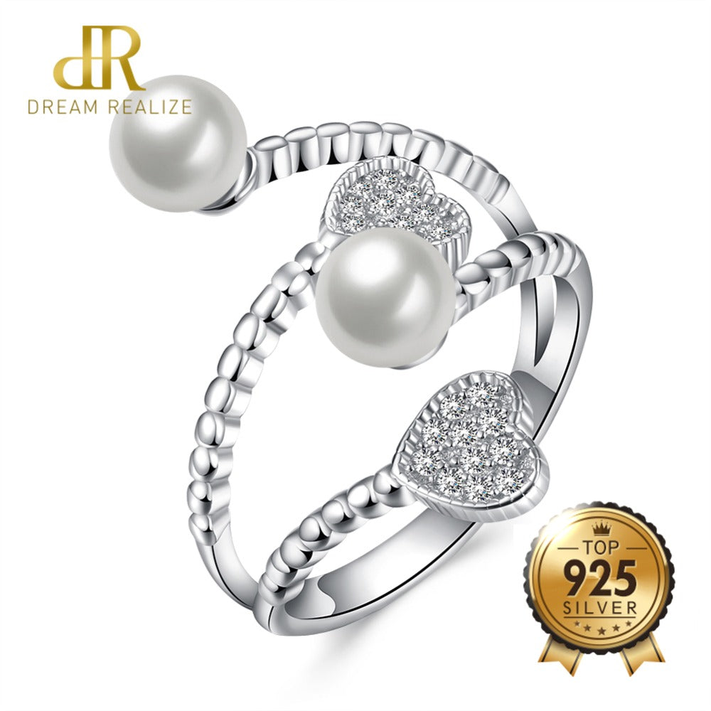 DR Genuine Pearl Shiny Heart Zircon Rings for Women 925 Sterling Silver Adjustable Women's Ring Wedding Fine Jewelry