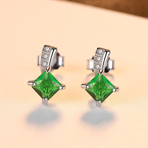DR New Design Rhombic Emerald Good Quality Zircon Elegant Stud Earrings 925 Sterling Silver Engagement Jewelry For Women