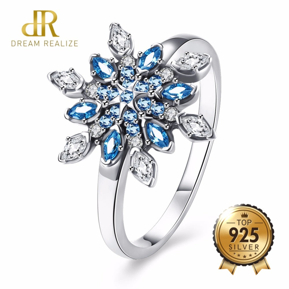 DR New Trendy Snowflakes Blue Shiny Zircon Rings for Women 925 Sterling Silver Fashion Jewelry Lady Fine Wedding Jewelry Bijoux