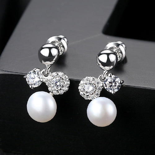 DR Popular Korean Style Natural Pearl Bling CZ Crystal Geometric Shape 925 Sterling Silver Stud Earrings For Women Fine Jewelry