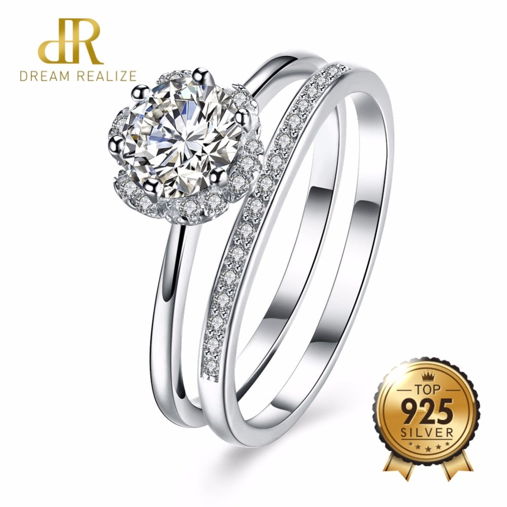 DR Shiny 9*9MM Flower Big Zircon 925 Sterling Silver Bridal Sets Rings for Women Genuine S925 Wedding Ring Fashion Bride Jewelry