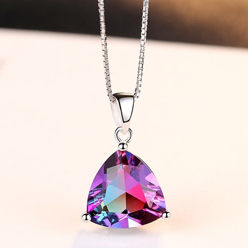 DR Triangle Oval Rainbow Fire Mystic Topaz Pendant Necklace 925 Sterling Silver Jewelry for Women Anniversary Party Gift