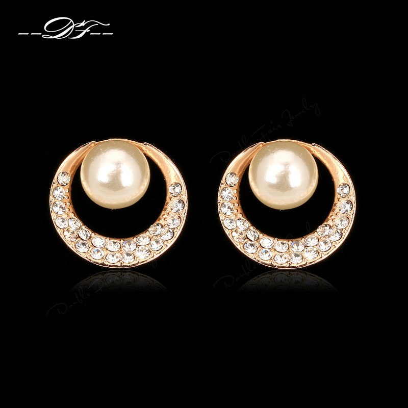 DWE310 Annular Simulated Pearl Rose Gold Color Stud Earrings For Women Cubic Zirconia Jewelry Wholesale