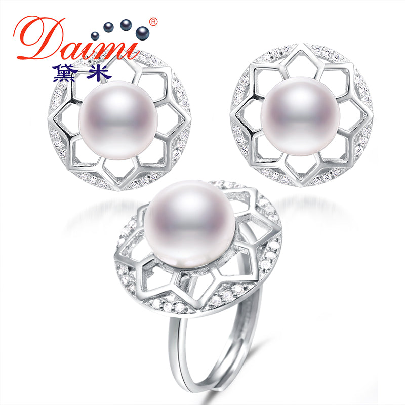 9-10 / 10-11mm Big Natural Pearl Sets, Luxury Flower Earrings Ring Pearl Sets, Jewelry Sets