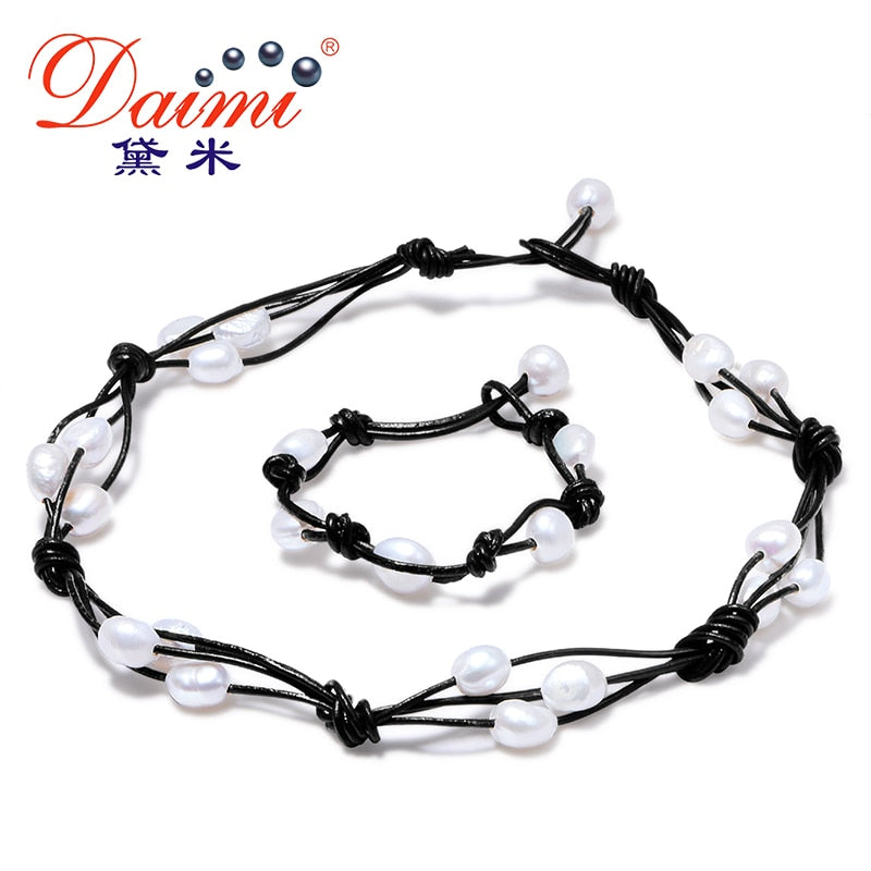Natural Baroque Pearl Sets 9-10mm Trendy Leather Style Jewelry Sets Summer Jewelry