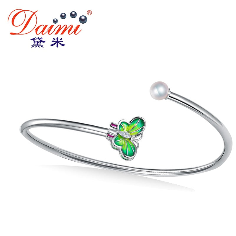 Romantic butterfly Pearl Bangle 6-7mm Perfect Round Pearl 925 Sterling Silve Jewelry charm Bracelet