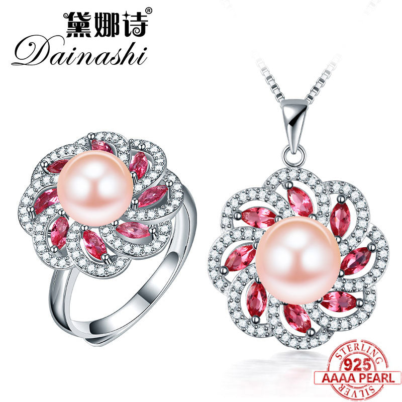 2020 Red Flower Pearl Jewelry Set Silver 925 Necklace Rings Fine Jewelry Sets Real Pearl Pendants for Women