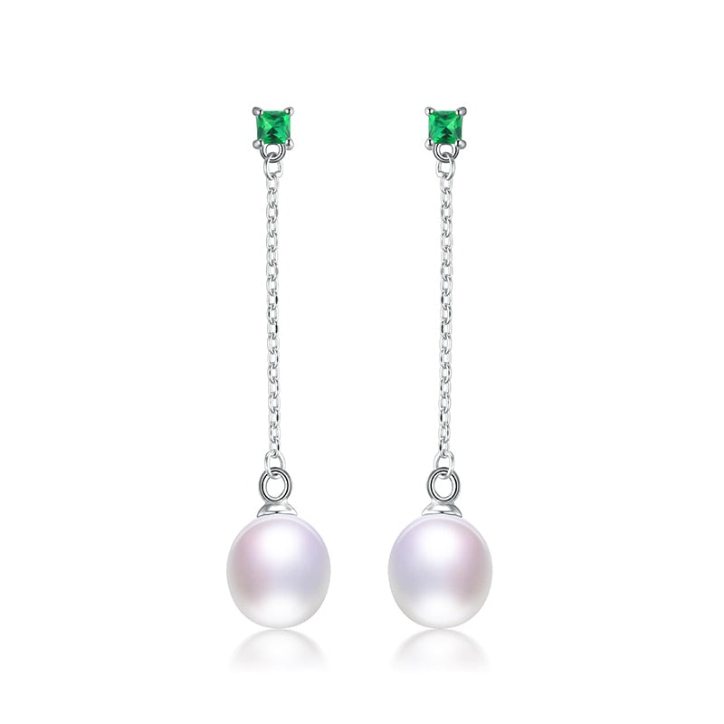 925 sterling silver 100% original natural real perfect pearl drop long earrings with 0.04carat emerald fine jewelry