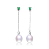 925 sterling silver 100% original natural real perfect pearl drop long earrings with 0.04carat emerald fine jewelry