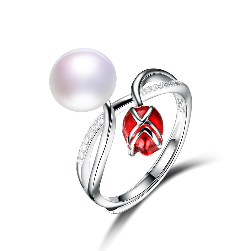 925 sterling silver adjustable natural real pearl rings fine jewelry with red rose flower for women wedding gifts