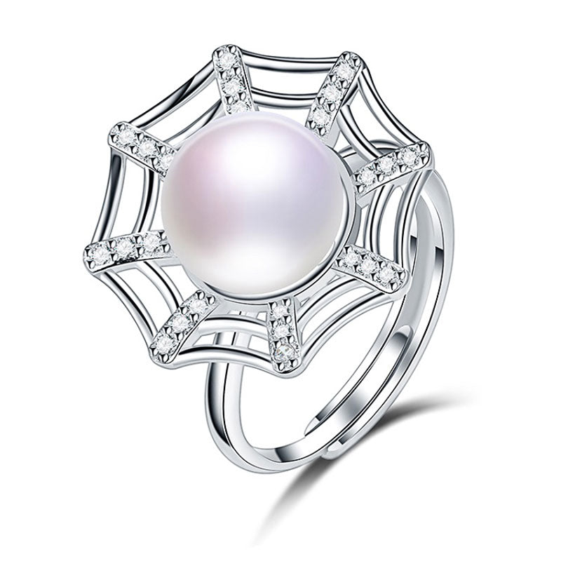Creative Spider Web Pearl Ring 10-10.5mm Big Size 100% Real Pearl Ring for Women Girl Wedding Daily Pearl