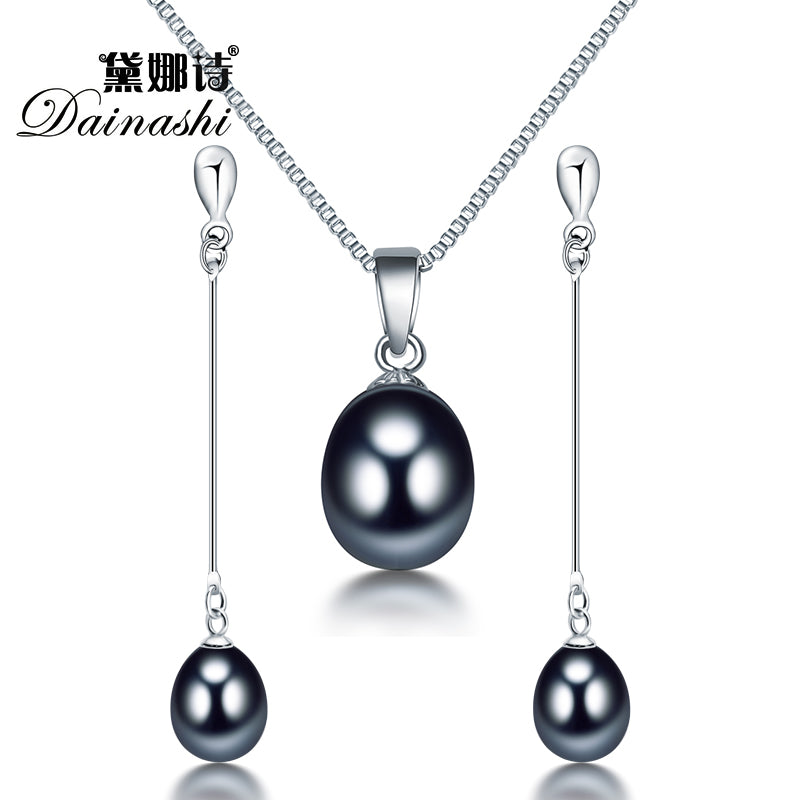 Hot women water drop white, pink, purple, black pearl long earrings pendant elegant sets with fine 925 silver in party