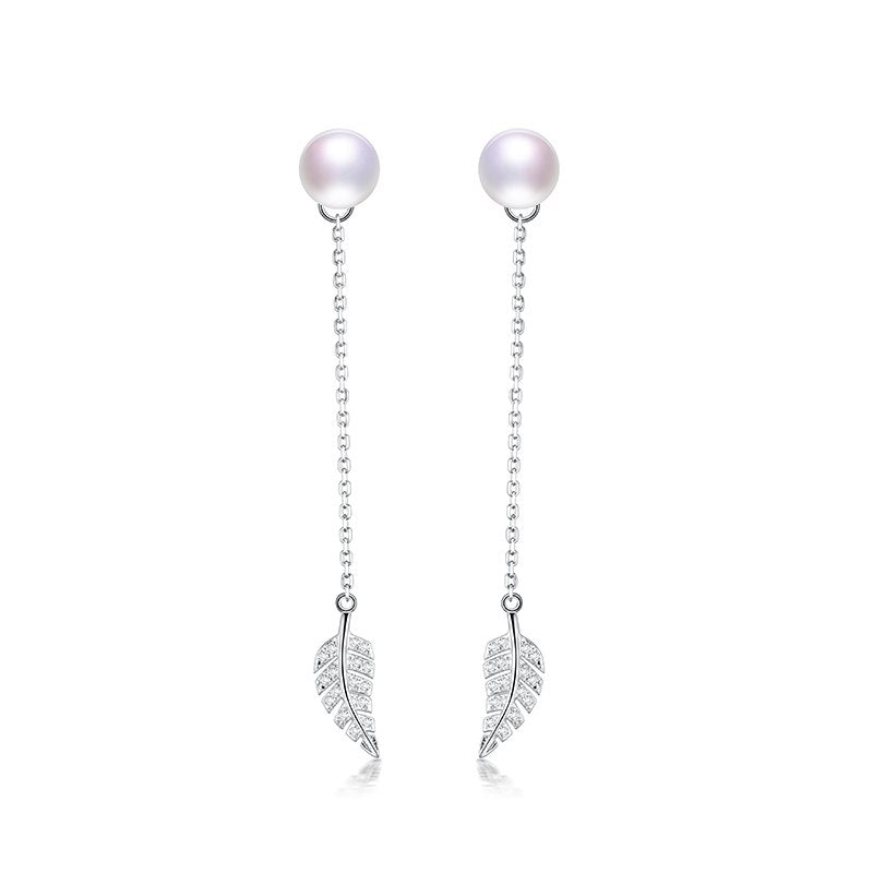 Leaf and feather shape sweet and elegant 925 sterling silver pearl drop long earrings fine jewelry for anniversary