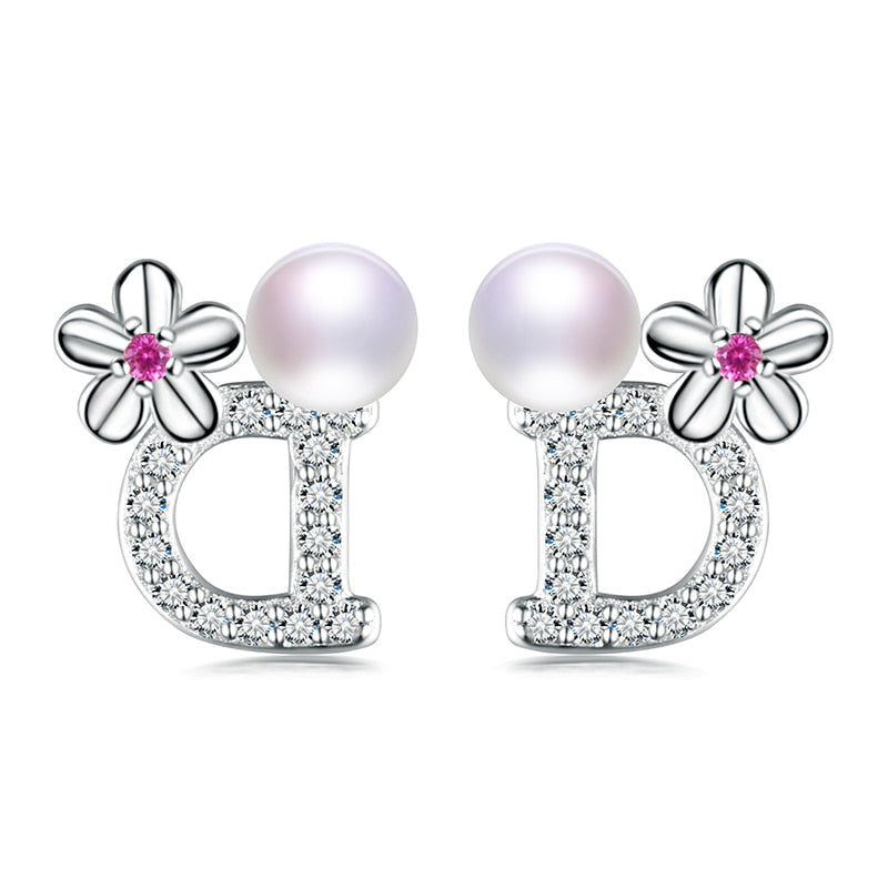 New Design Pearl Stud Earrings Combination of Letter D and Cherry Blossoms 925 Silver Stud Pearl Earrings with Box