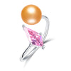 New Pink Rhombus Zircon Pearl Ring Trendy Design High Quality Real Pearl Ring for Women 925 Sterling Sliver