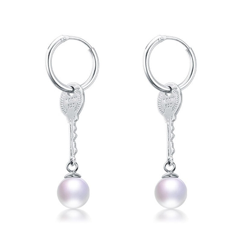 New Trendy Style Key Shape Pearl Drop Earrings 925 Silver High Quality Perfect Round Pearl long Circle Earrings for W