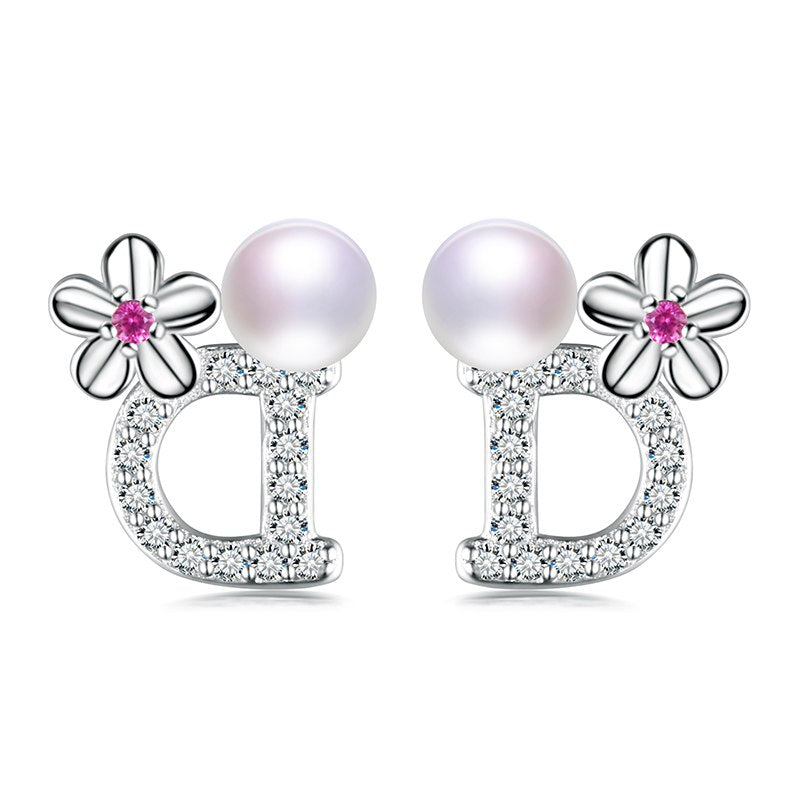 Peculiar design perfect combination of letter D and cherry blossoms 925 sterling silver stud pearl earrings with box