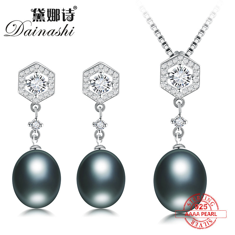 Polygon 925 sterling silver 100% original black pearl sets with drop earrings and pendants for weddings gifts