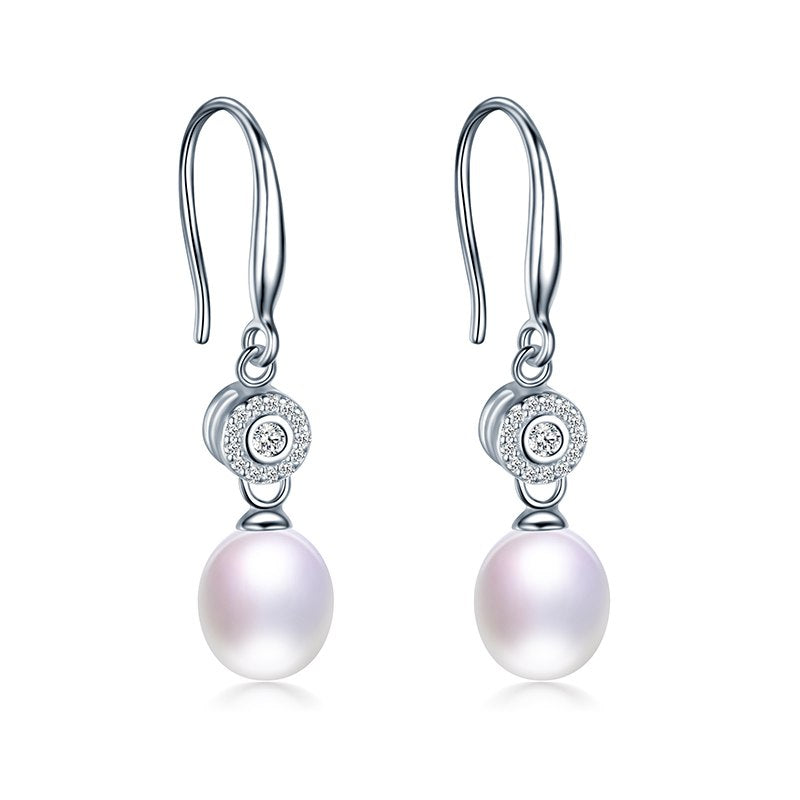 Real 925 Sterling Silver Women Drop Zircon Earring,Natural Pearl,Rice Round,8-9mm,Fine Jewelry With Gift Box
