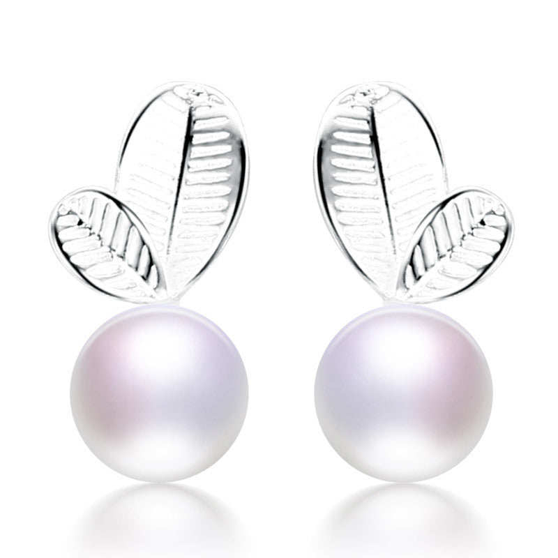 Sliver Leaf Shape Pearl Stud Earring Trandy and Lovely 925 Sterling Silver Pearl Stud Earring High Quality Brand Pearl