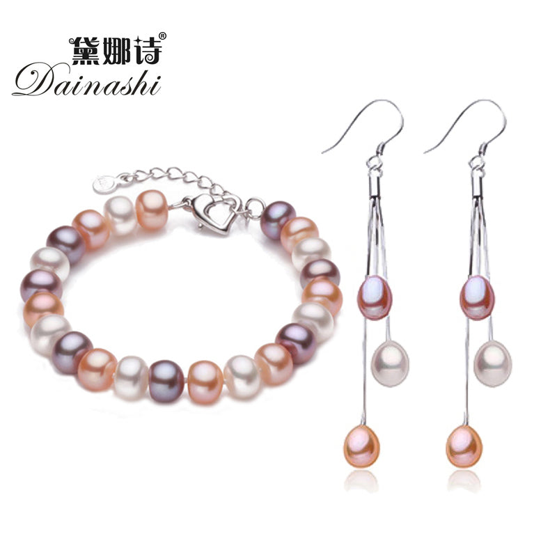 TOP Quality Natural Pearl Earrings/Bracelet 925 Sterling Silver Buckle Chain Bracelet Earring Tassel Jewelry Sets