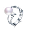 Tendy Design Pearl Rings the Cross and the Moon 925 Sterling Silver 100% Real Pearl Adjustable Rings Jewelry for Women