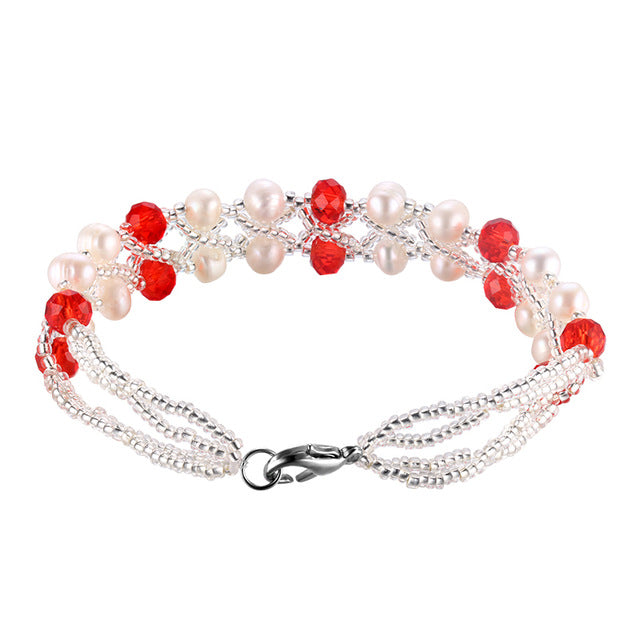Wedding Pearl Bracelets with Red Pink Crystal Bracelets for Women Beaded Bracelet Pearl Jewelry Fine Anniversary Gift