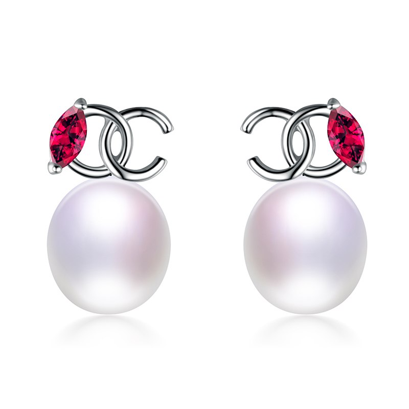 geometric shape 925sterling silver black pearl stud earrings with red AAA zircon packed by exquisite box fine jewelry