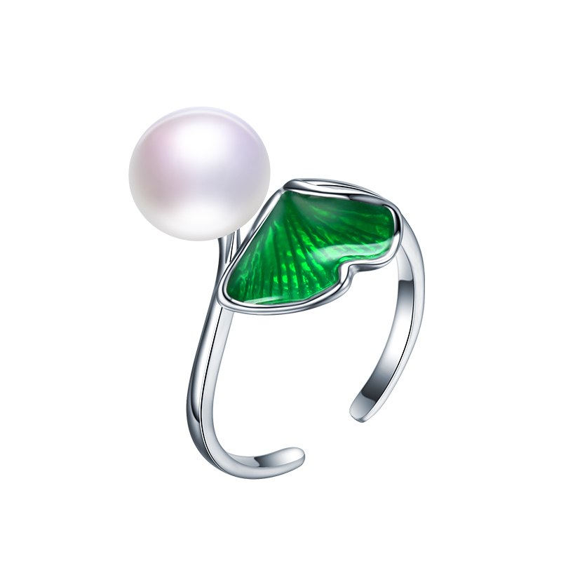 maple leaf shape with green enamel 925 sterling silver adjustable colorful real natural pearls rings fine jewelry