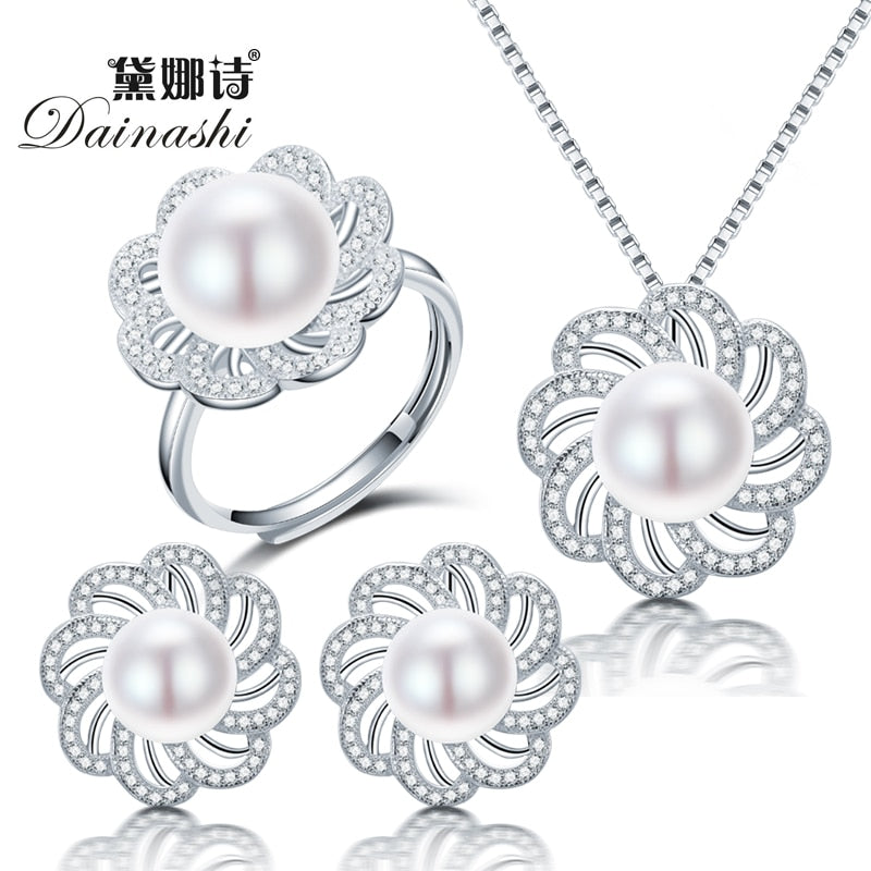 new pearl jewelry sets with pearl necklace pearl adjustable rings pearl earrings of 925 sterling silver